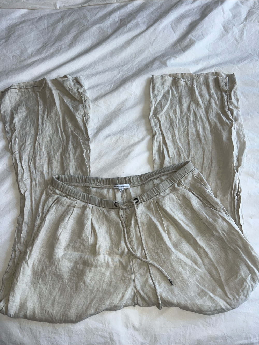 James Perse Light Beige Wide-Leg Linen Drawstring Pants